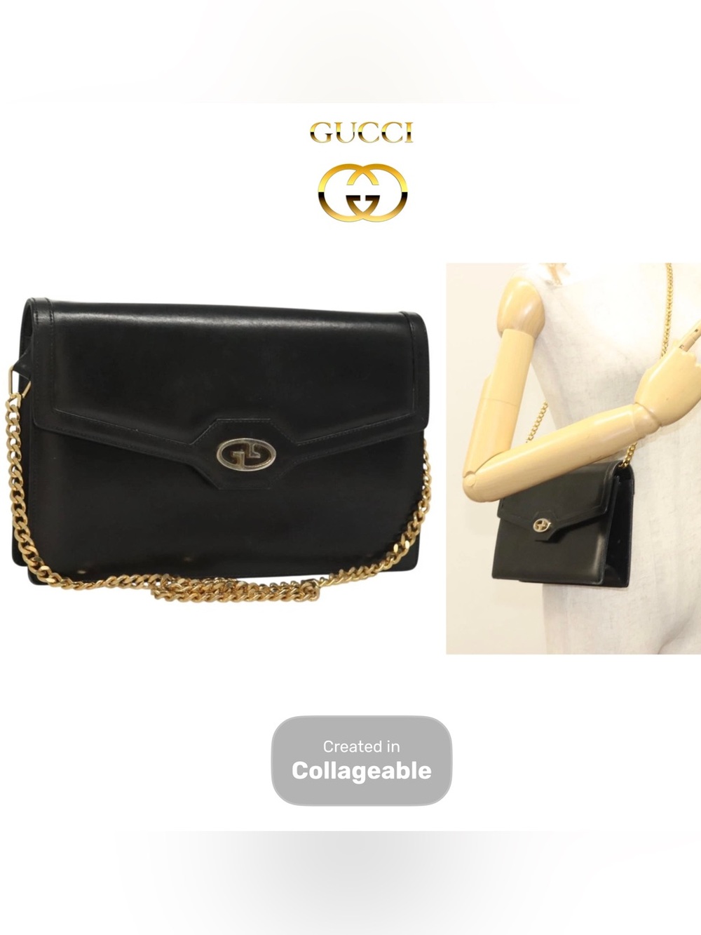 👜 GUCCI Black Leather Crossbody Gold Chain Shoulder Bag Authentic